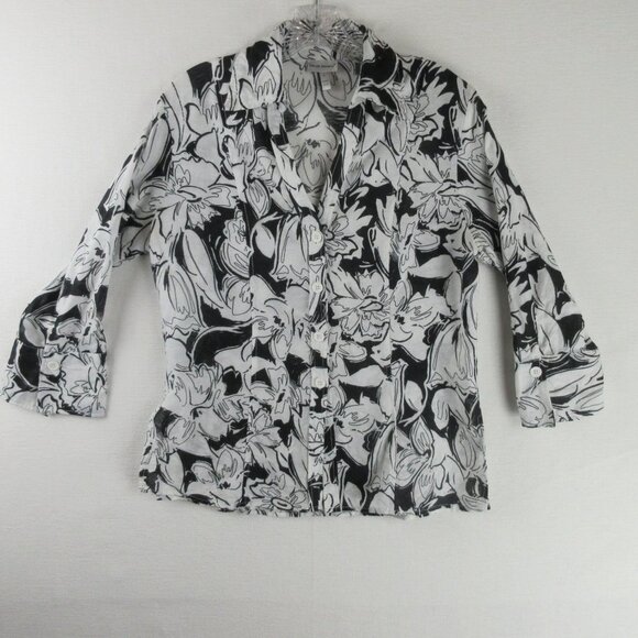 Harve Benard Tops - Harve Bernard Black and White Linen Blouse Size L Abstract Floral